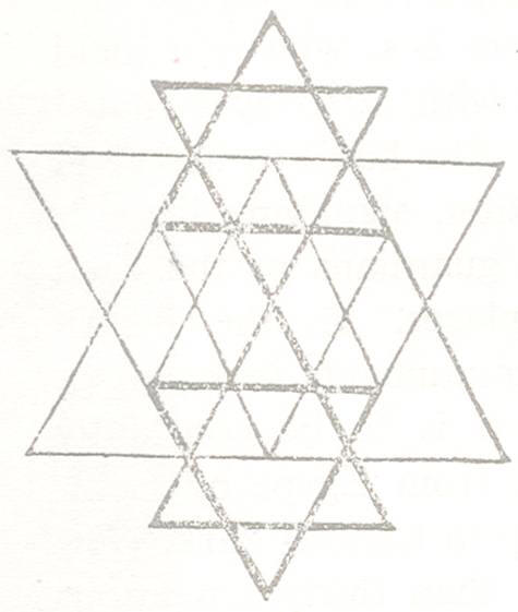 image of the Sri Yantra or 3 Stars of David within a larger Star of David.